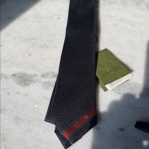 Gucci Navy Silk Tie with Red and Green Web Accent